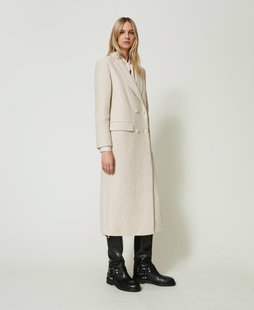 Double breasted herringbone wool blend coat Woman Beige TWINSET Milano