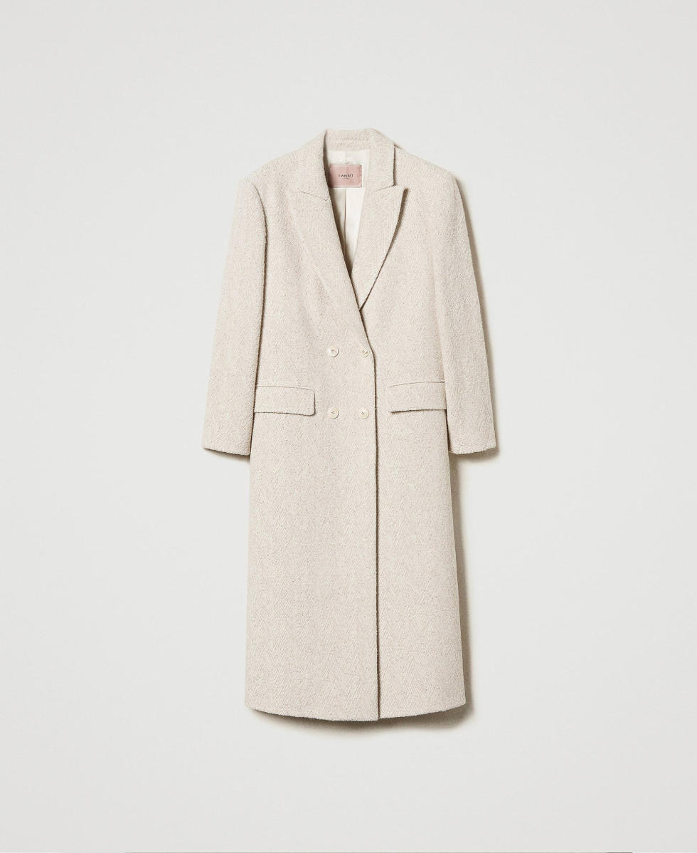 Double breasted herringbone wool blend coat Woman Beige TWINSET Milano
