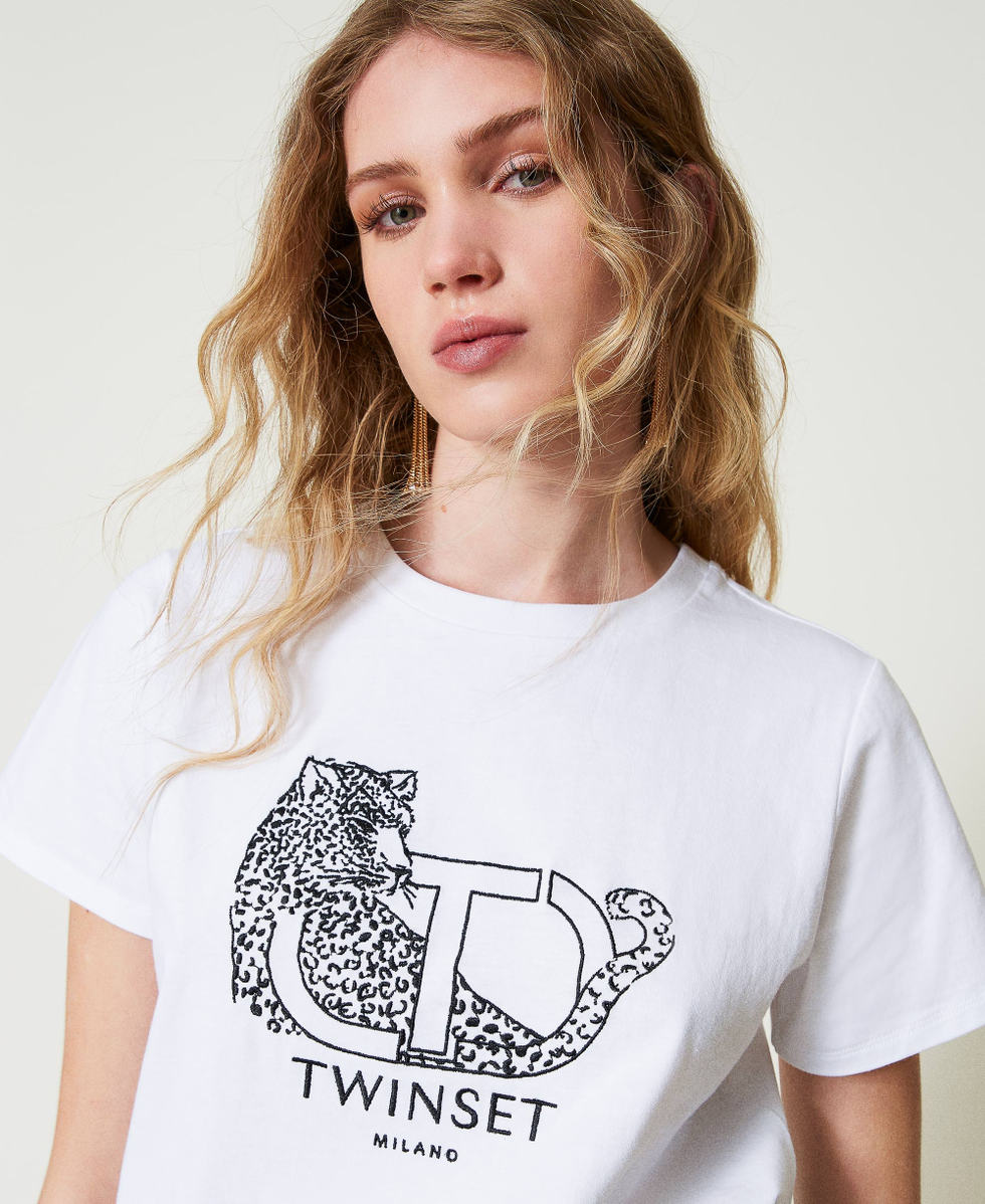 Camiseta con logo bordado y jaguar Blanco Mujer 242TP2680_00001_04