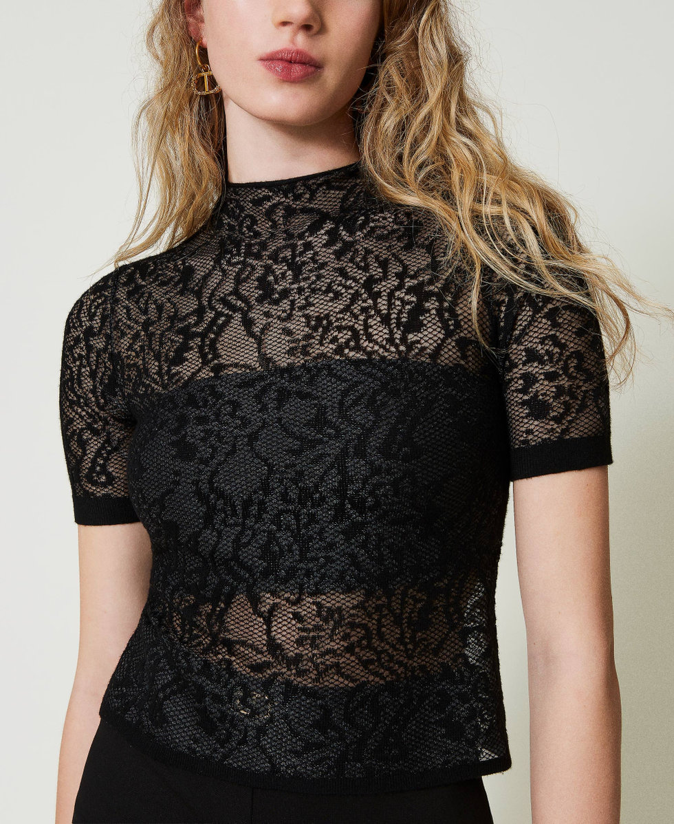 Jacquard lace effect turtleneck jumper Black Woman 242TP3010_00006_04