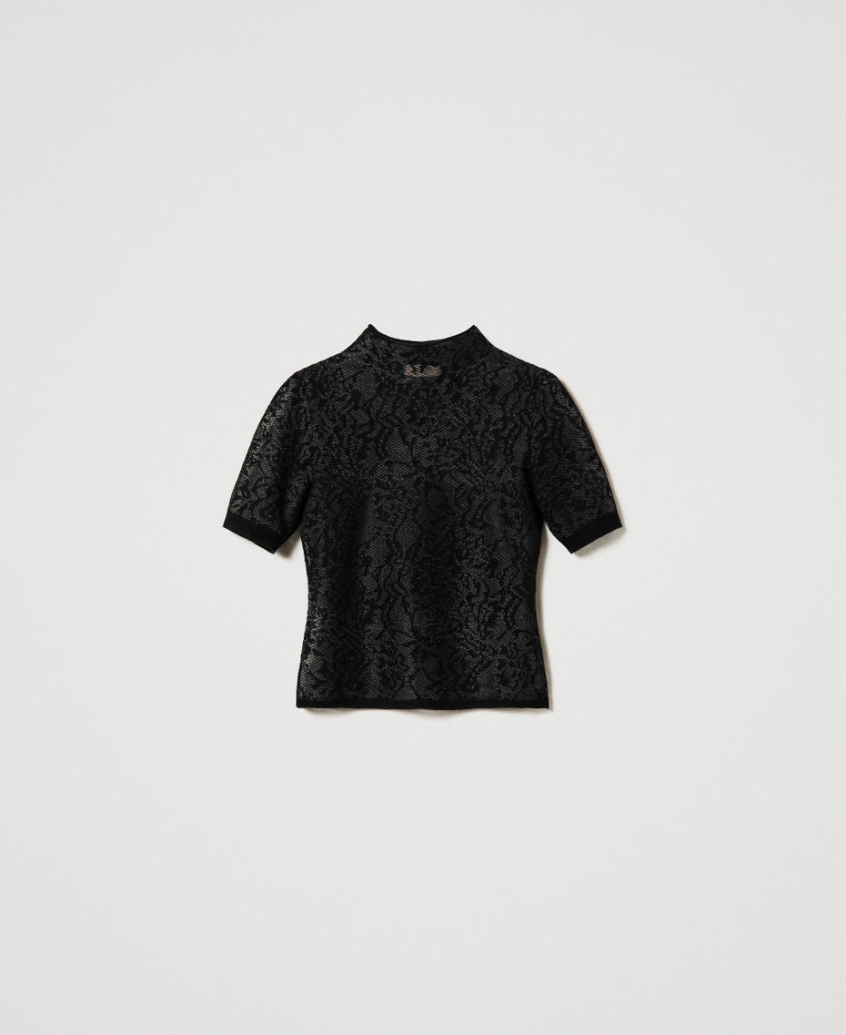 Jacquard lace effect turtleneck jumper Black Woman 242TP3010_00006_S0