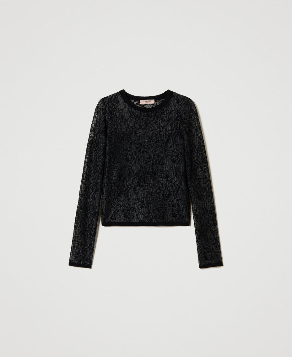 Jacquard jumper with lace effect Black Woman 242TP3011_00006_S0