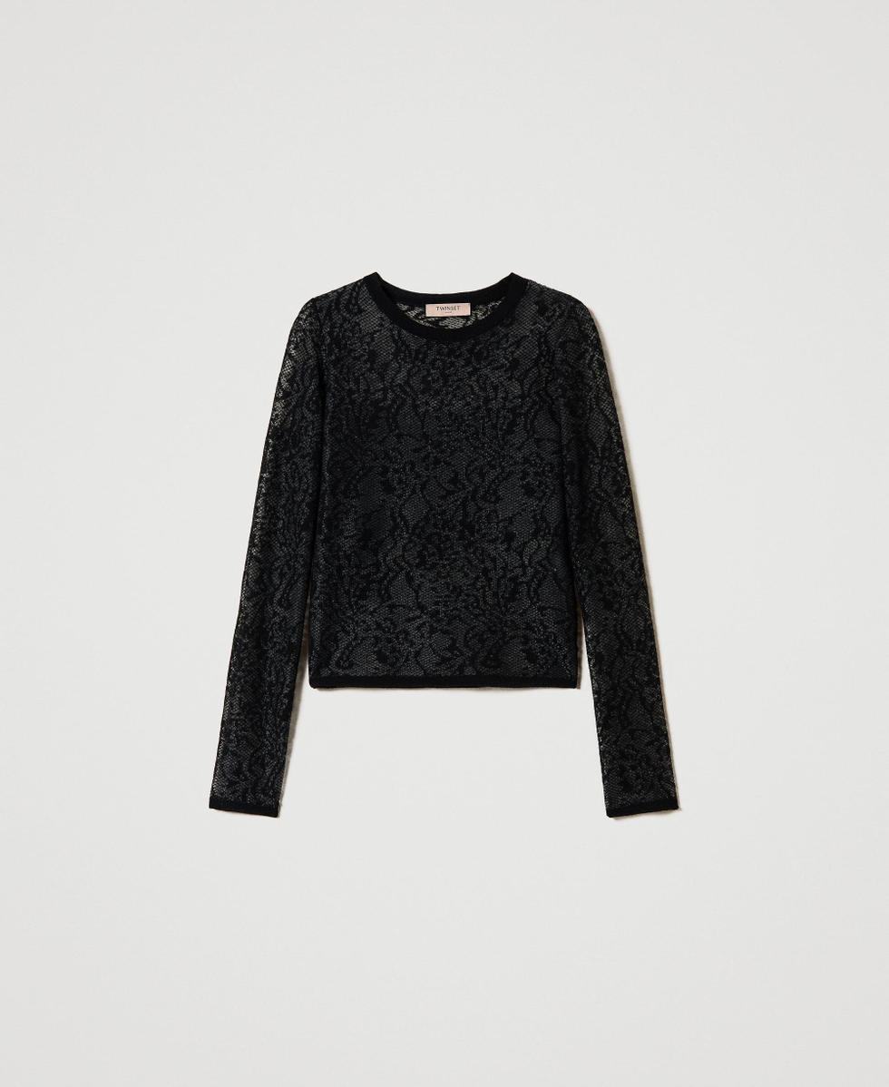 Jacquard jumper with lace effect Black Woman 242TP3011_00006_S0