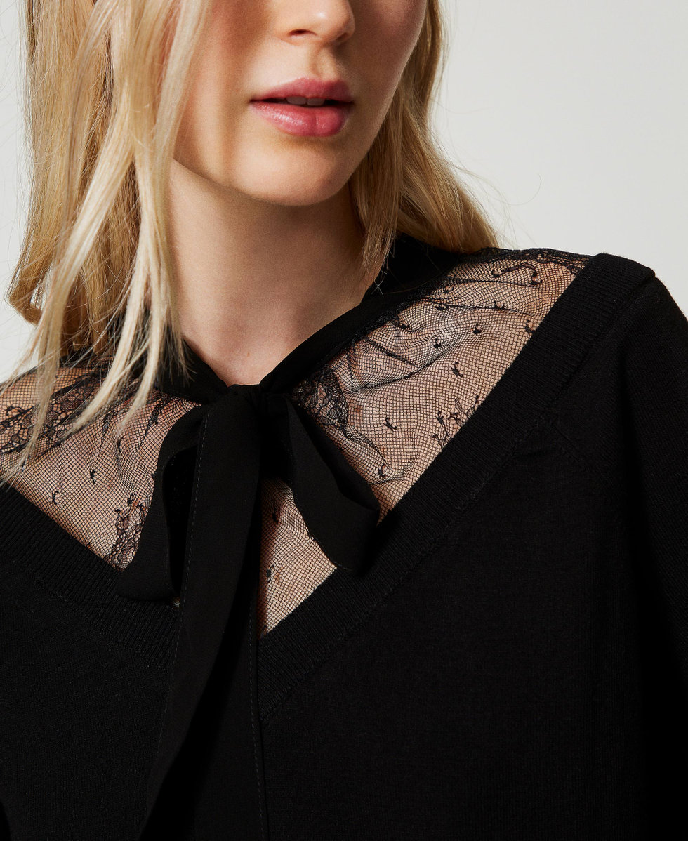 Jumper with lace and bow Woman Black TWINSET Milano