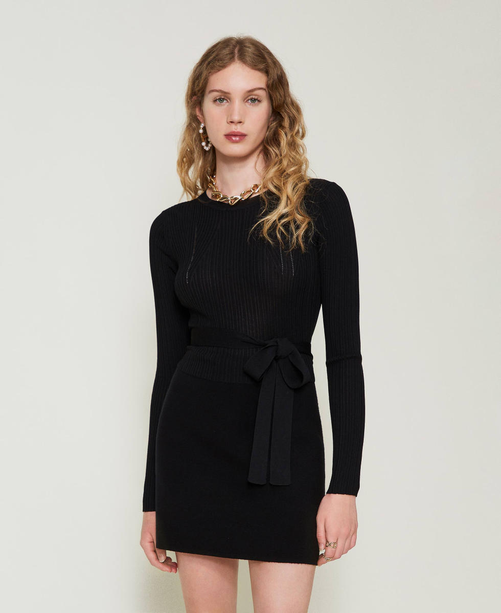 Ribbed jumper with bow Black Woman 242TP3040_00006_01