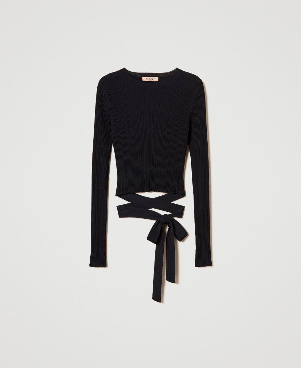 Ribbed jumper with bow Black Woman 242TP3040_00006_S0