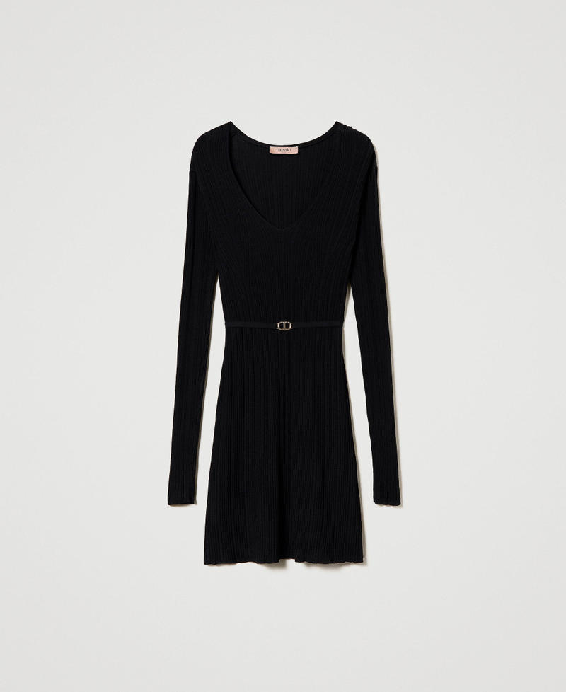 Short ribbed knit dress with belt Woman, Black | TWINSET Milano Short ribbed knit dress with belt Woman, Black | TWINSET Milano