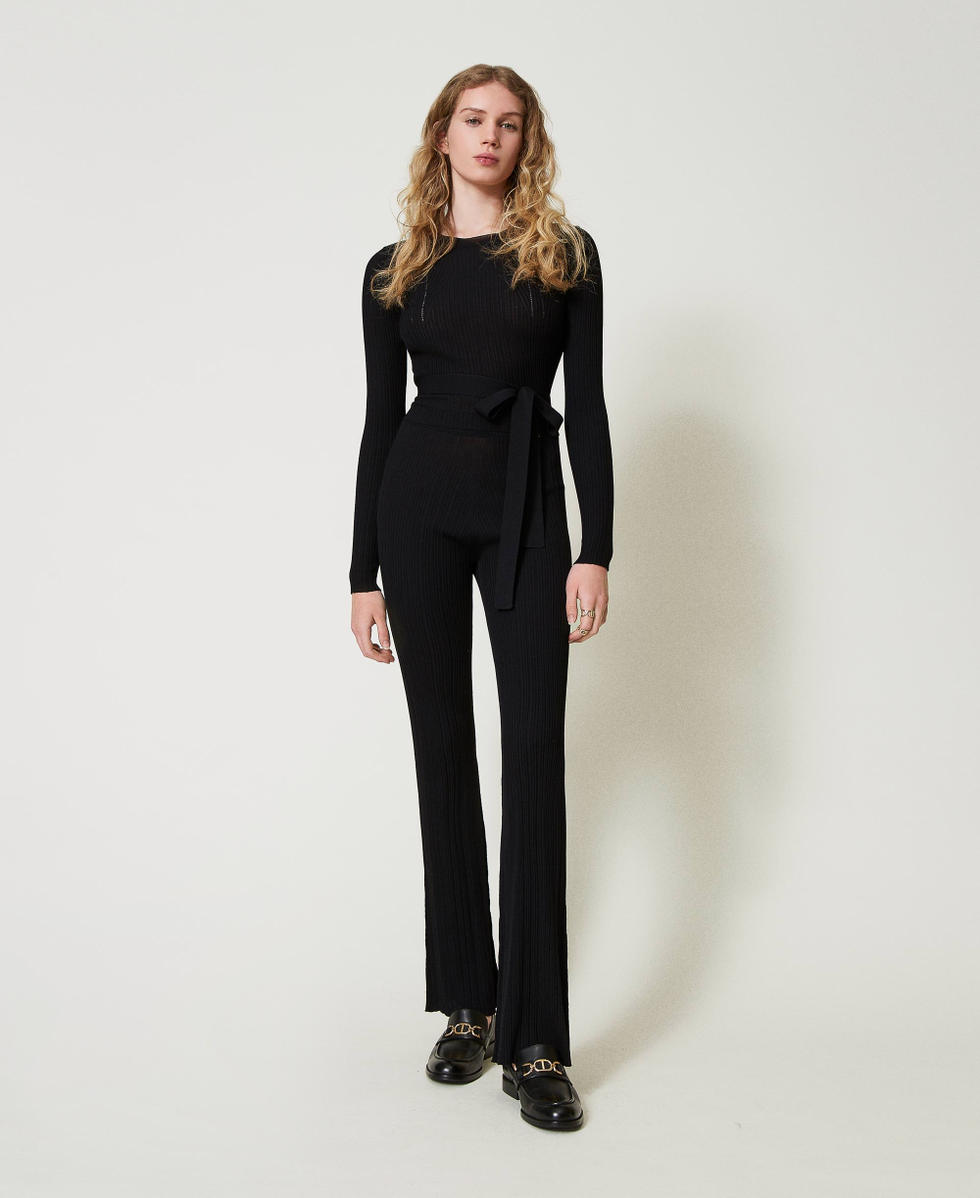Pantaloni flare in maglia a costine Nero Donna 242TP3042_00006_02