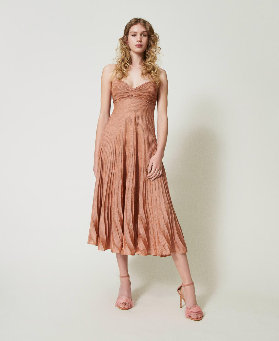 Long pleated lurex knit dress Coral Bead Lurex Woman 242TP3071_11906_01