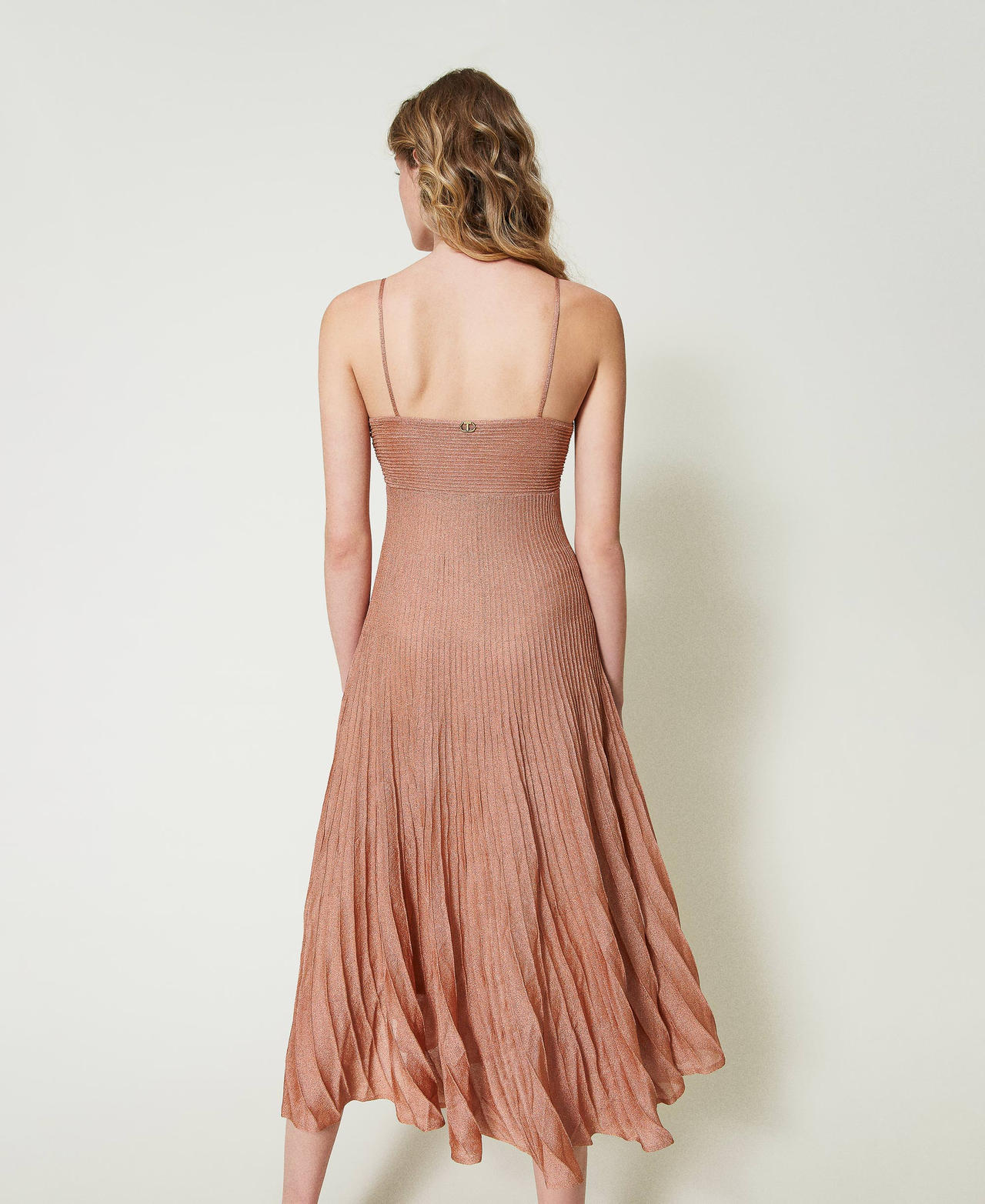 Long pleated lurex knit dress Coral Bead Lurex Woman 242TP3071_11906_03