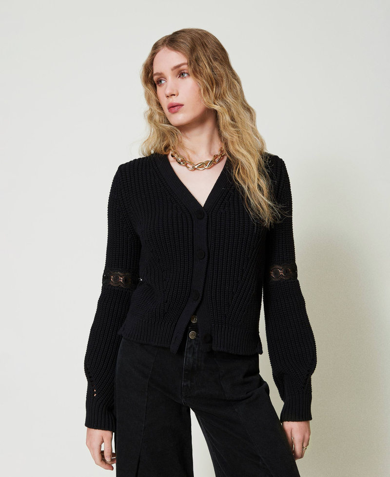 Ribbed cardigan with lace Black Woman 242TP3091_00006_01