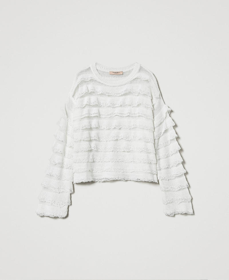 Boxy jumper with lace effect flounces White Snow Woman 242TP3102_00282_S0