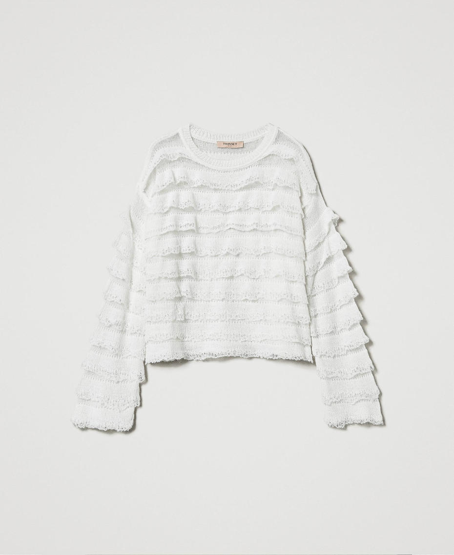Boxy jumper with lace effect flounces White Snow Woman 242TP3102_00282_S0