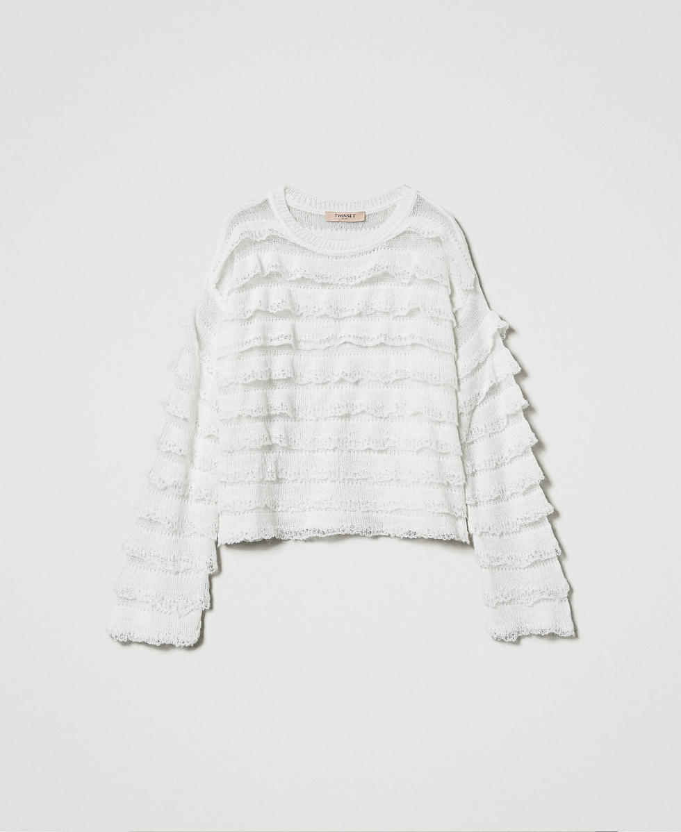 Pull boxy avec volants effet dentelle Blanc Neige Femme 242TP3102_00282_S0