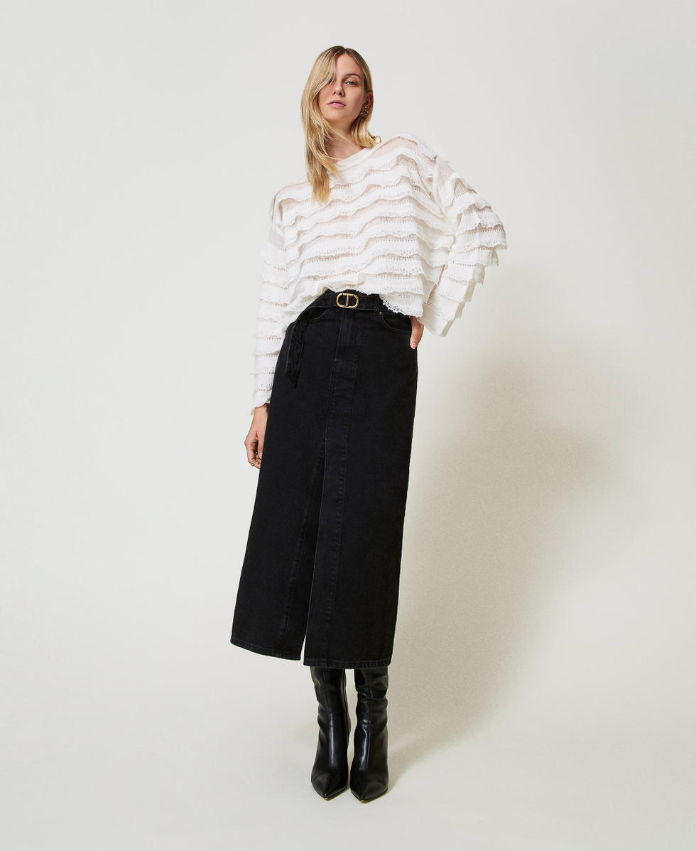 Pull boxy avec volants effet dentelle Blanc Neige Femme 242TP3102_00282_T0