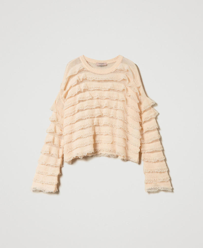 Boxy jumper with lace effect flounces Peach Pink Woman 242TP3102_11750_S0