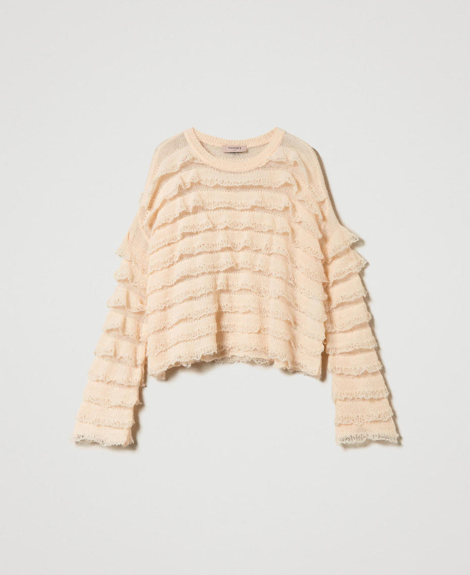 Boxy jumper with lace effect flounces Peach Pink Woman 242TP3102_11750_S0