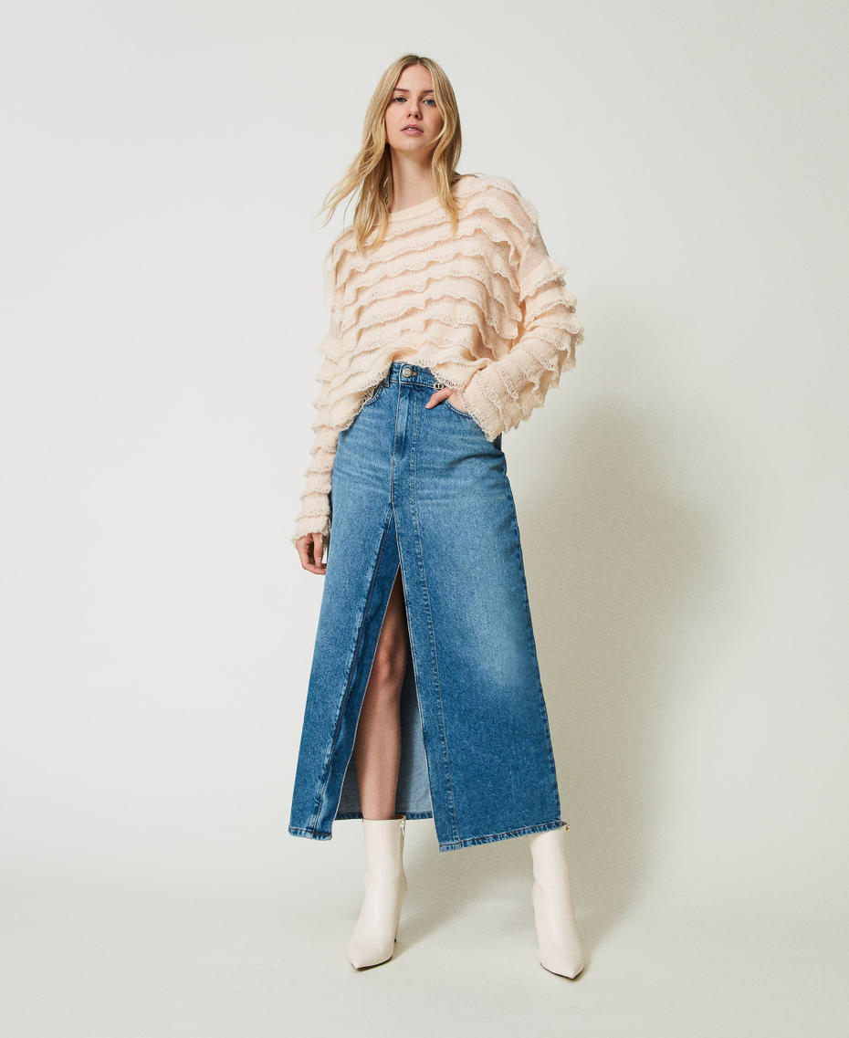 Boxy jumper with lace effect flounces Peach Pink Woman 242TP3102_11750_T0