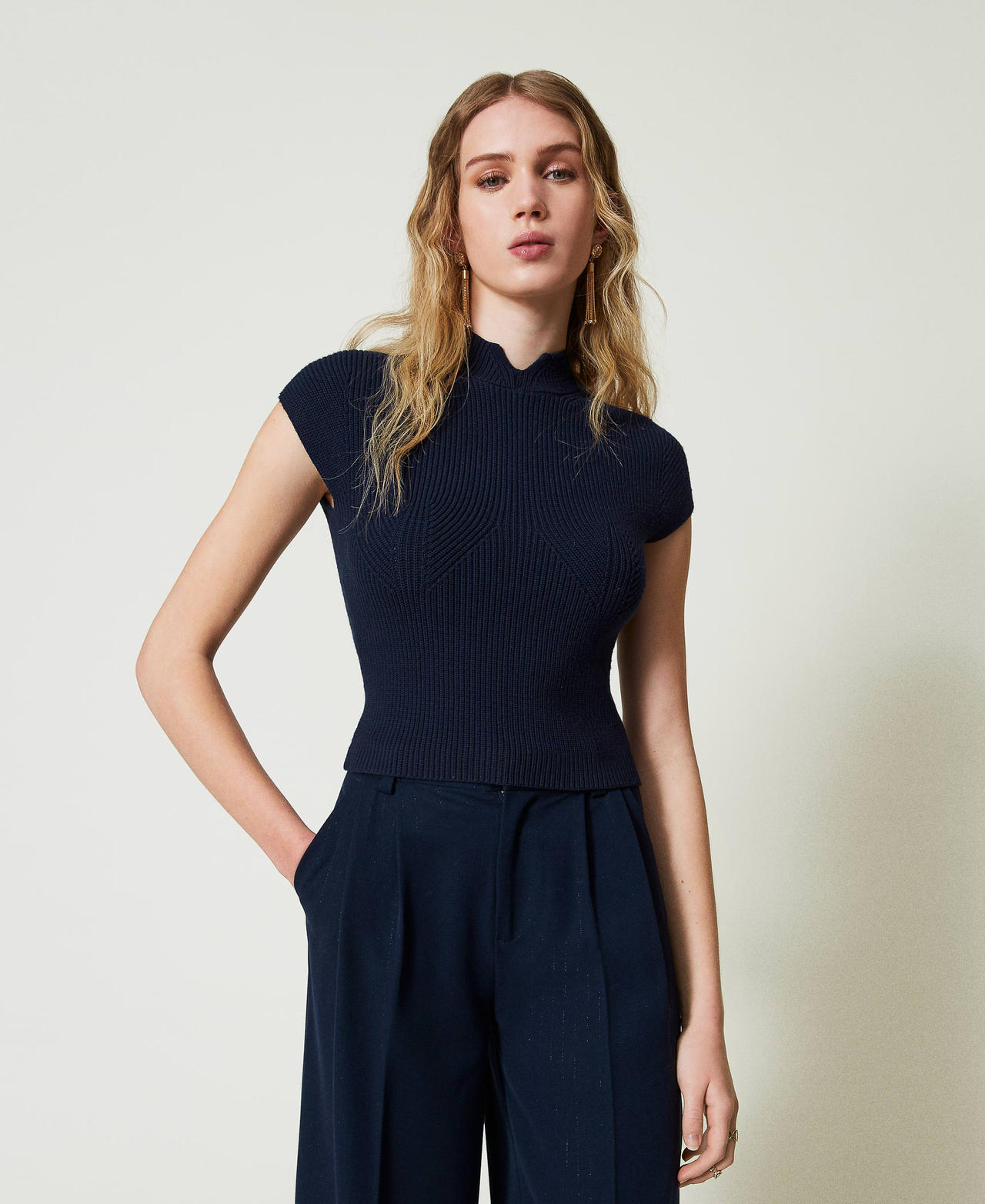 Pull ajusté avec côtes décoratives Indigo Femme 242TP3110_00384_02