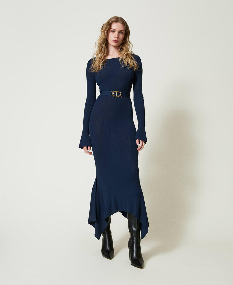 Abito longuette in maglia con cintura e volant Donna Blu TWINSET Milano