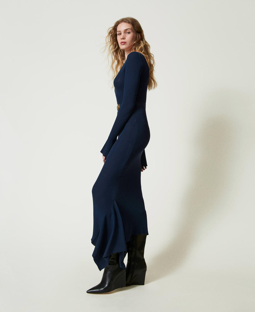 Knit midi dress with belt and ruffles Woman, Blue | TWINSET