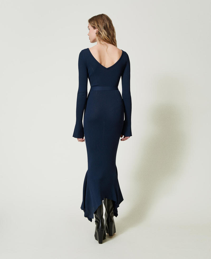Knit midi dress with belt and ruffles Woman, Blue | TWINSET
