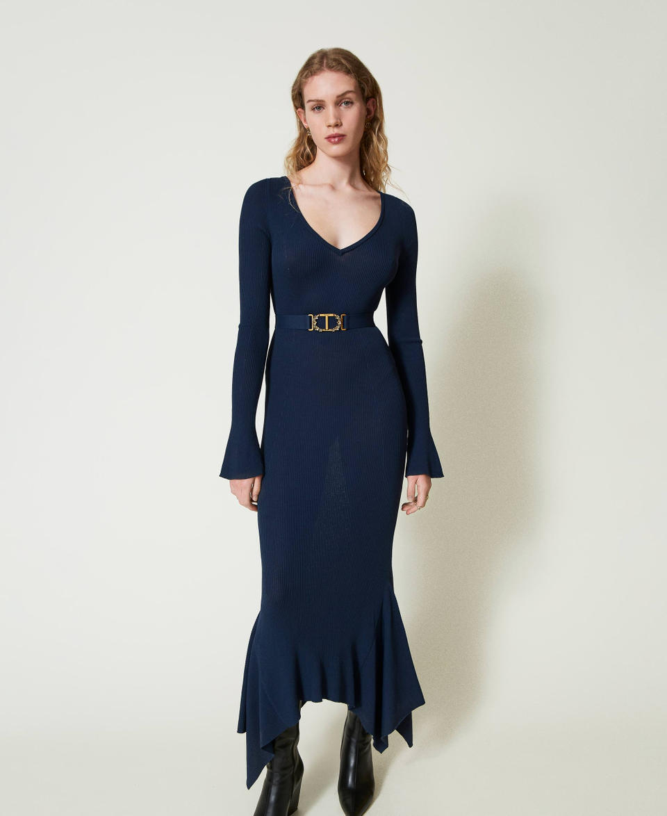 Knit midi dress with belt and ruffles Indigo Woman 242TP3122_00384_05