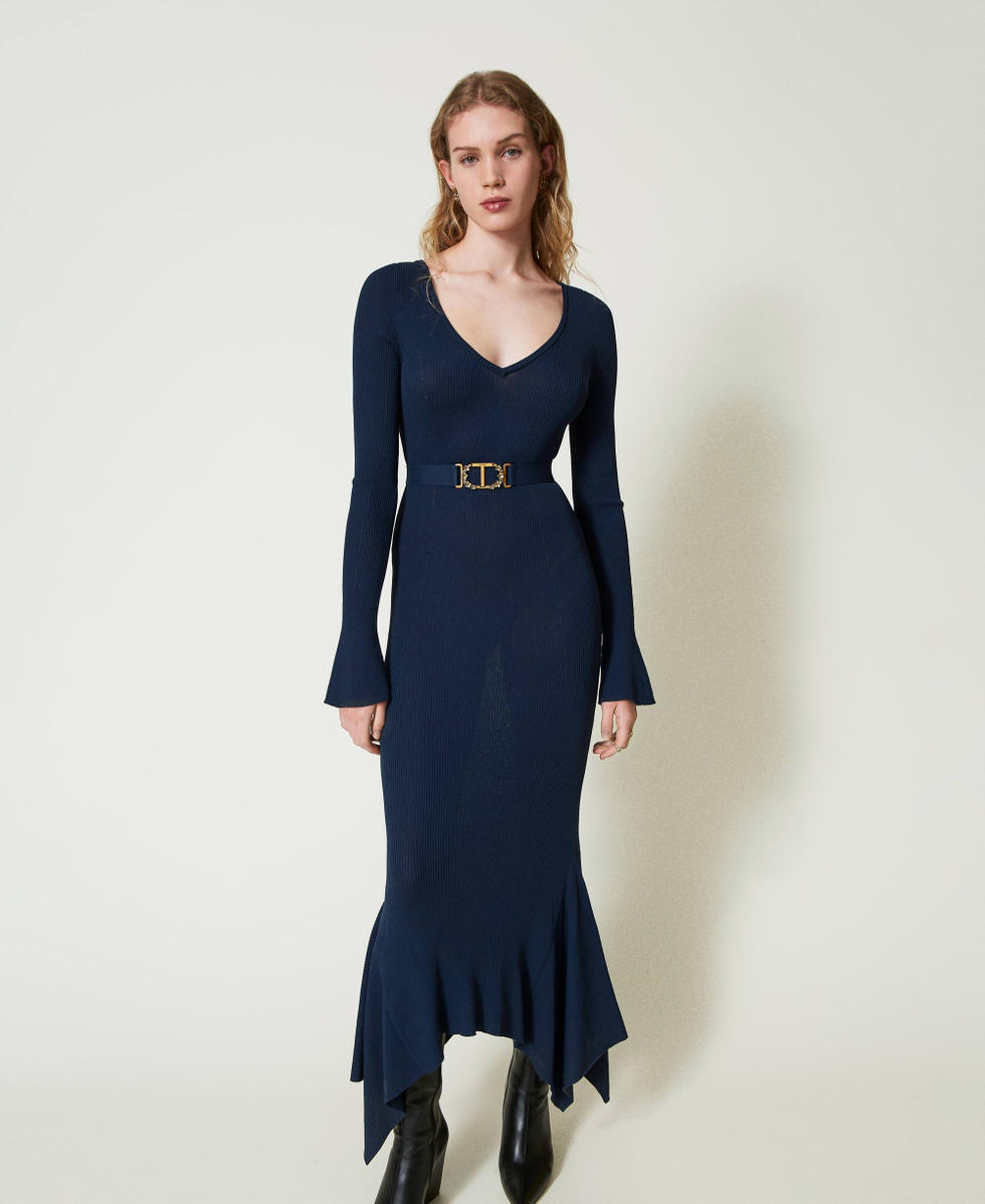 Knit midi dress with belt and ruffles Woman, Blue | TWINSET