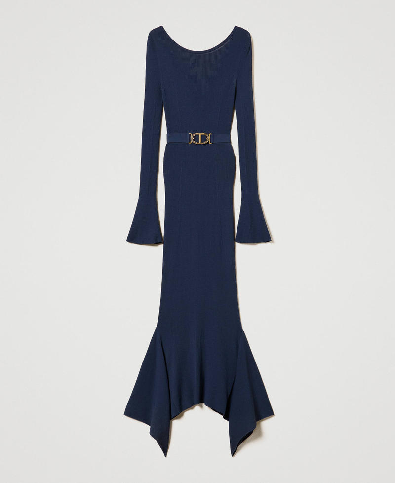 Knit midi dress with belt and ruffles