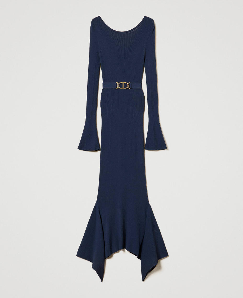 Knit midi dress with belt and ruffles Indigo Woman 242TP3122_00384_S0