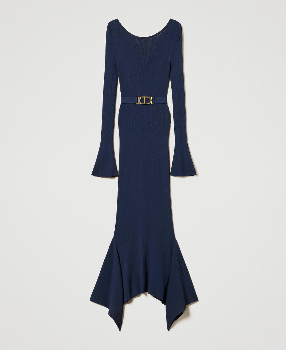 Knit midi dress with belt and ruffles Indigo Woman 242TP3122_00384_S0