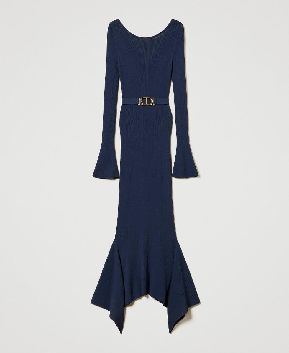 Knit midi dress with belt and ruffles Woman, Blue | TWINSET