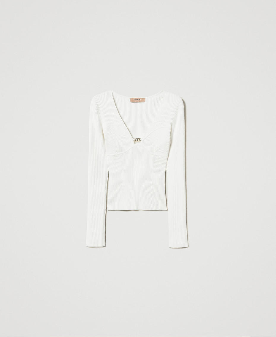 Fitted jumper with Oval T logo White Snow Woman 242TP3132_00282_S0