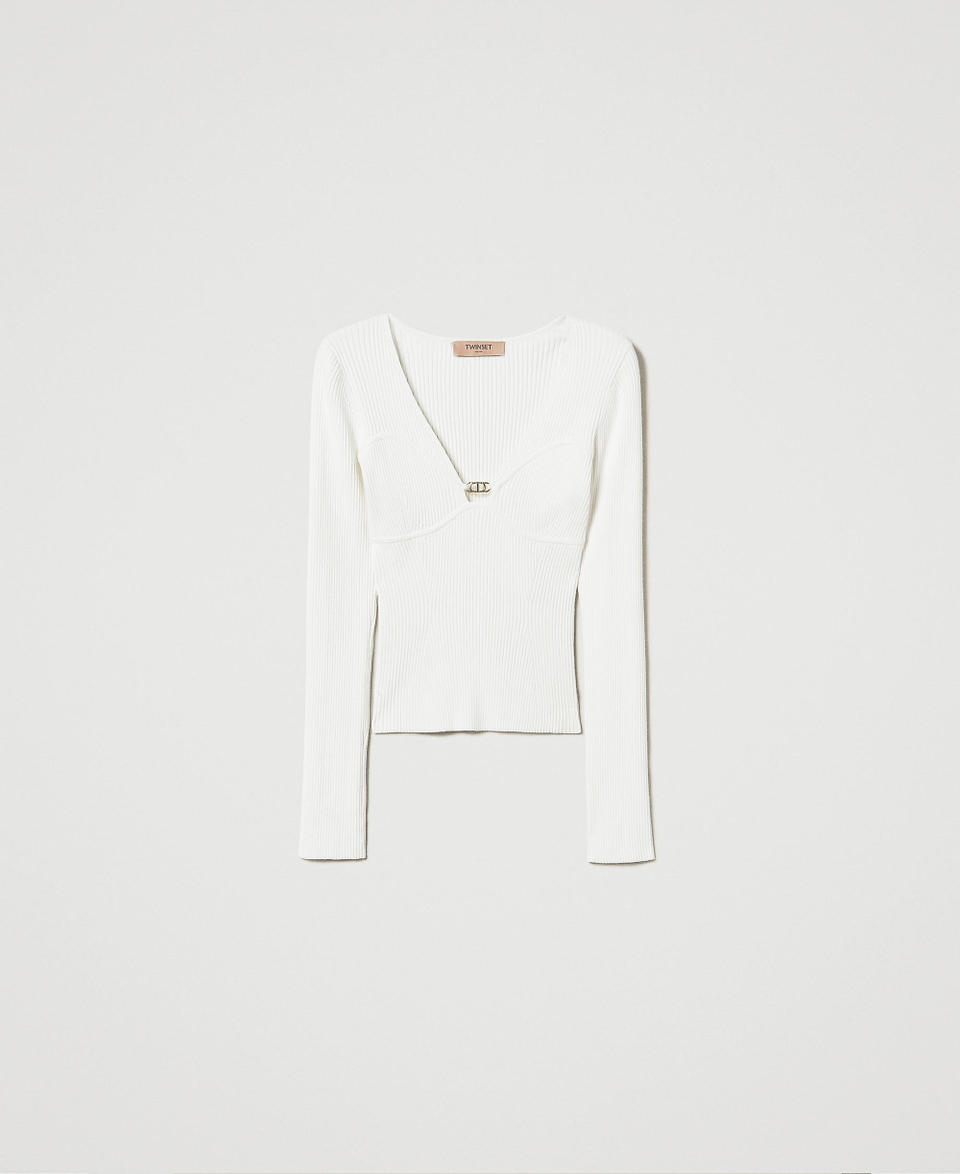 Fitted jumper with Oval T logo White Snow Woman 242TP3132_00282_S0