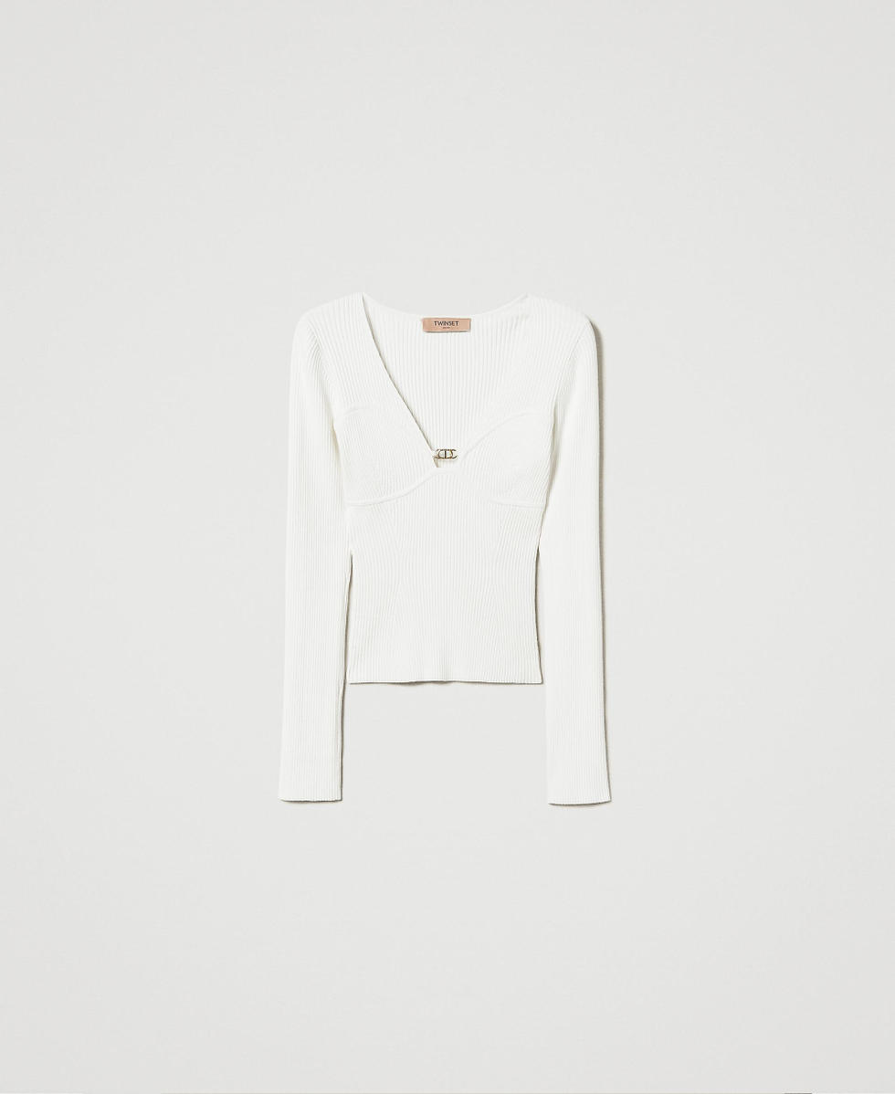 Pull ajust&eacute; avec logo Oval T Blanc Neige Femme 242TP3132_00282_S0