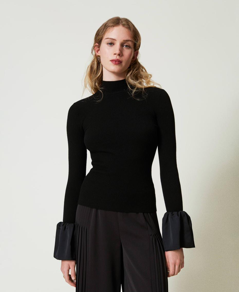 Fitted jumper with satin ruffles Black Woman 242TP3161-01