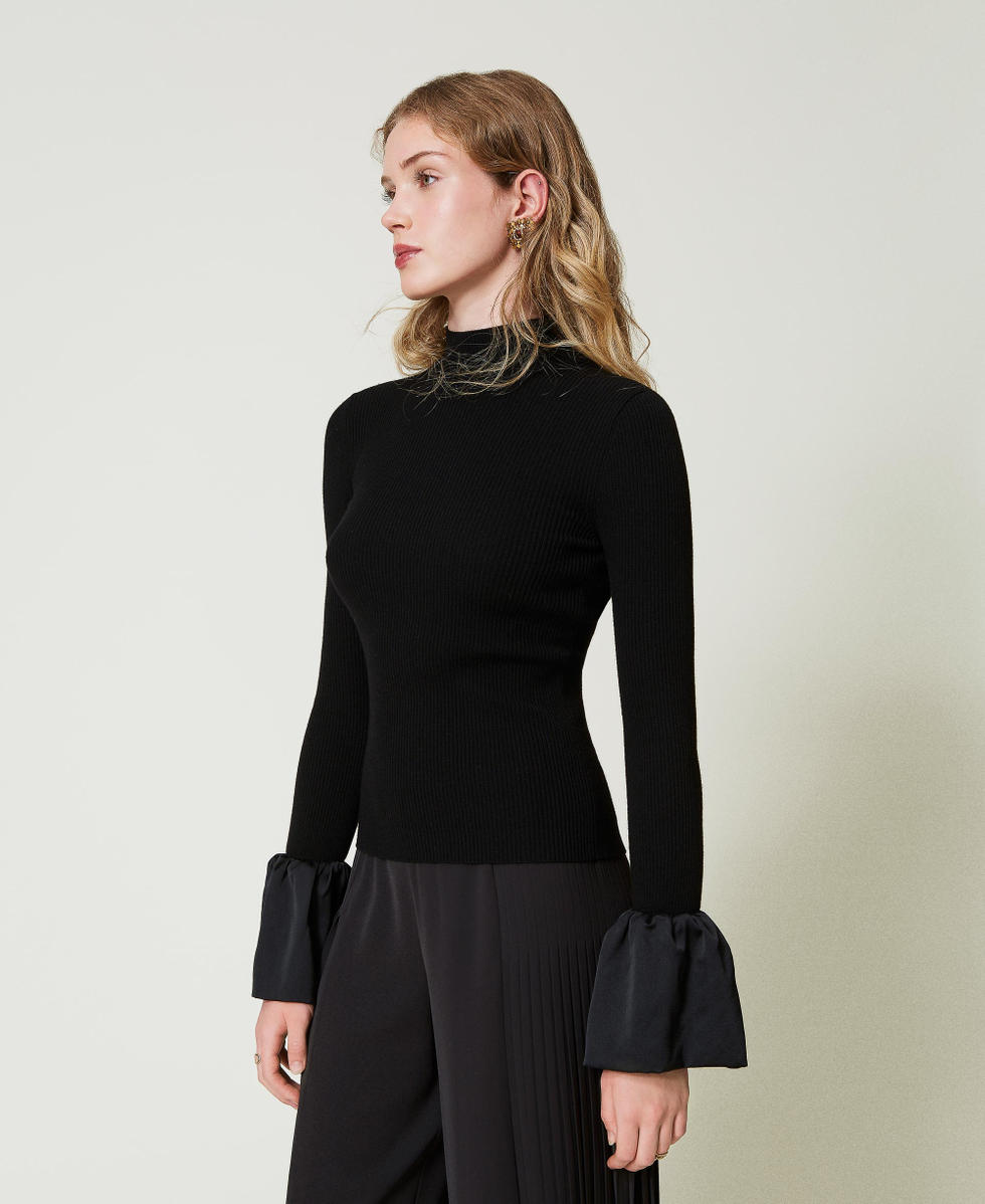 Fitted jumper with satin ruffles Black Woman 242TP3161_00006_02