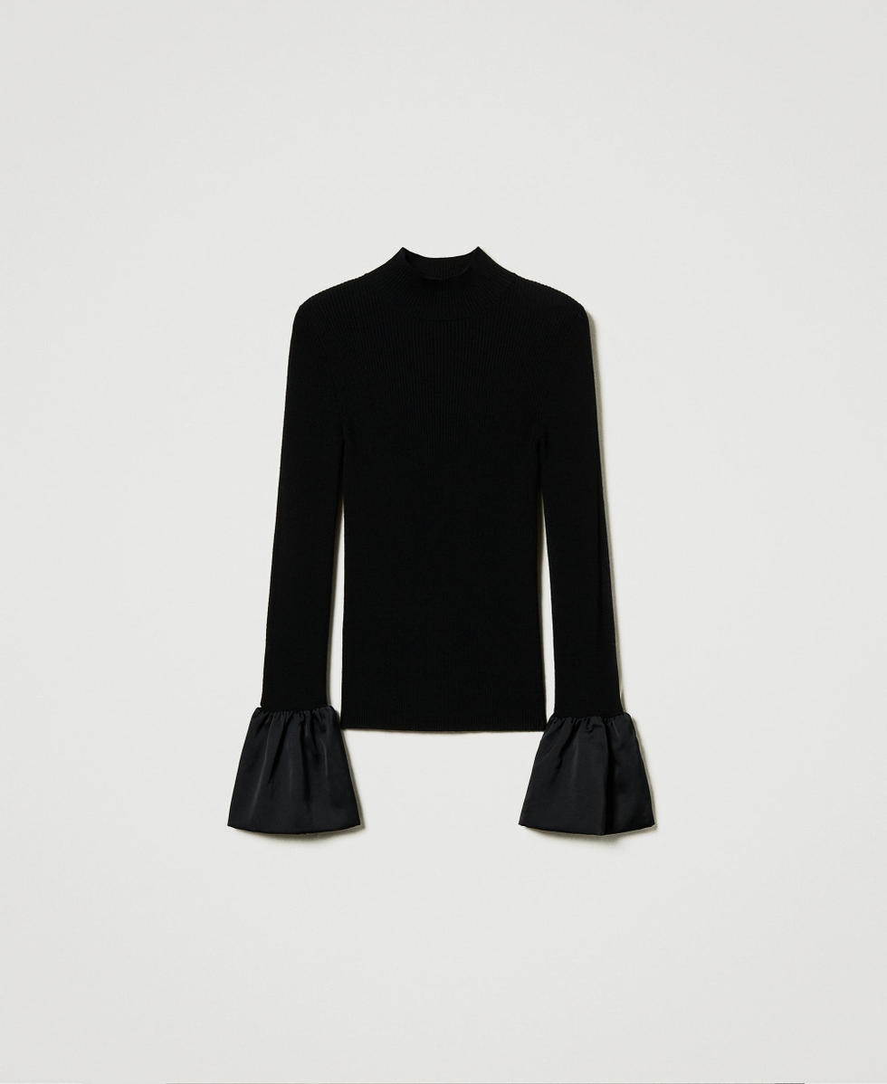 Fitted jumper with satin ruffles Black Woman 242TP3161_00006_S0