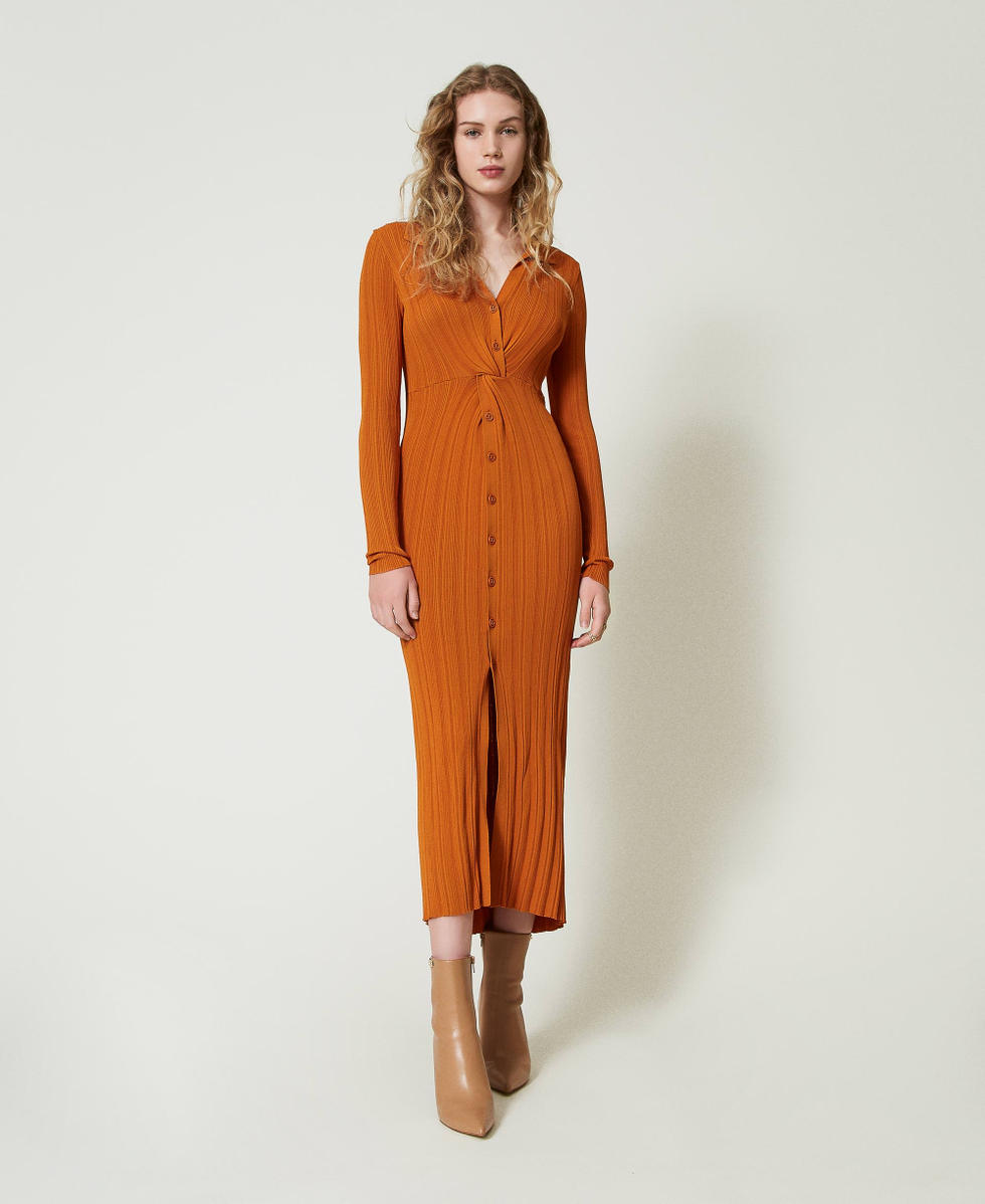 Abito lungo in maglia con arricciatura Arancio "Tenn&egrave;" Donna 242TP3170_11749_01