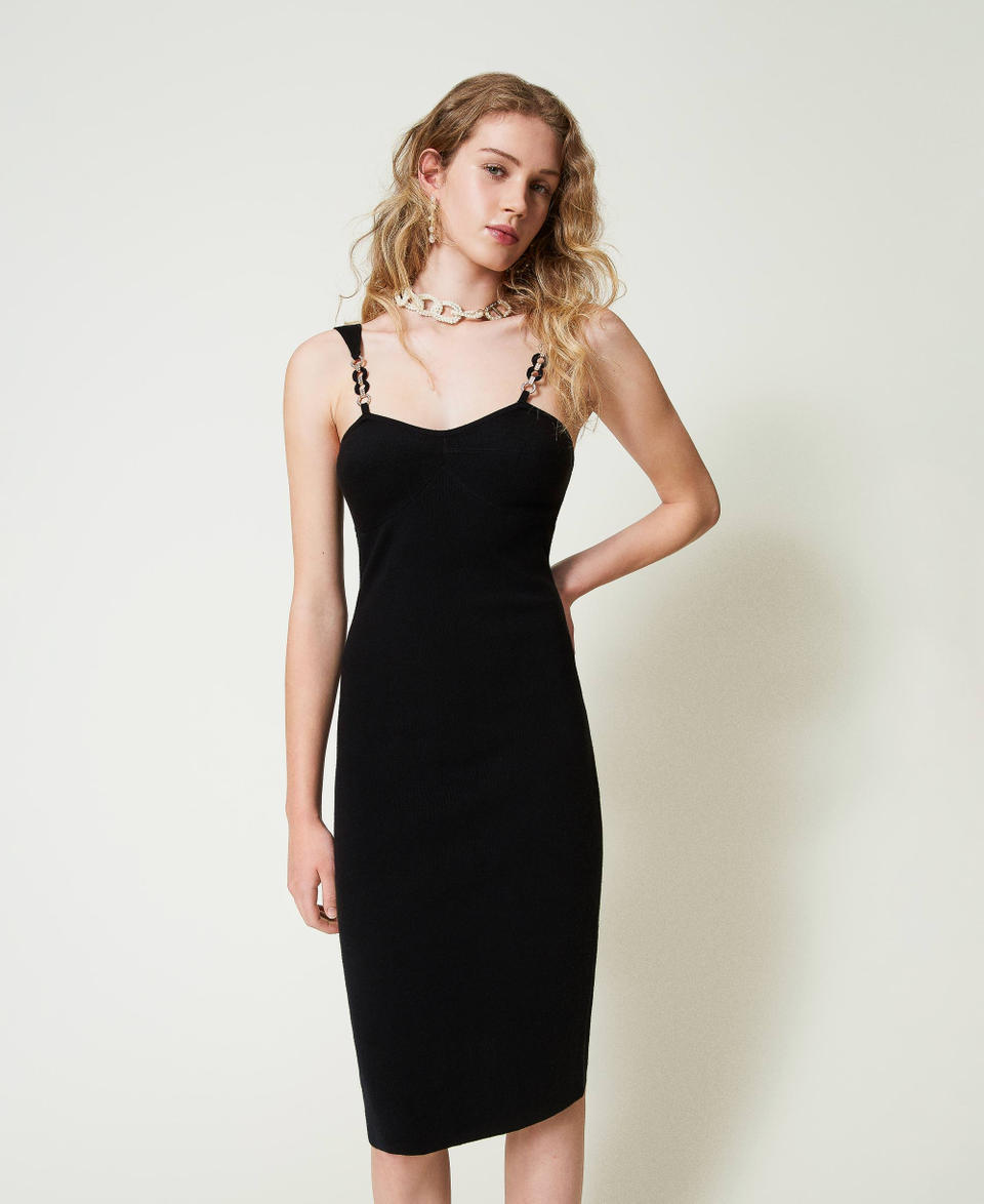 Knit midi dress with jewel shoulder straps Black Woman 242TP3181_00006_02