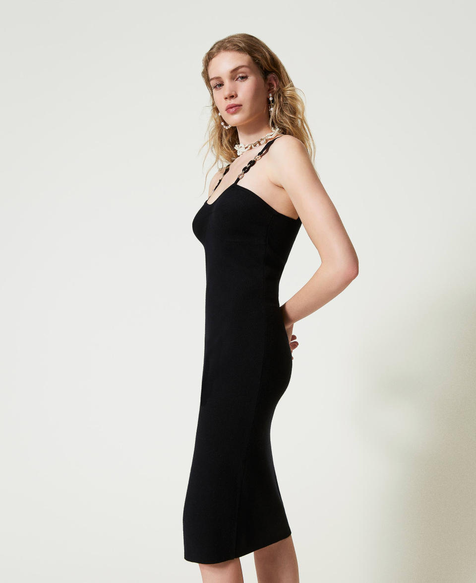 Knit midi dress with jewel shoulder straps Black Woman 242TP3181_00006_03