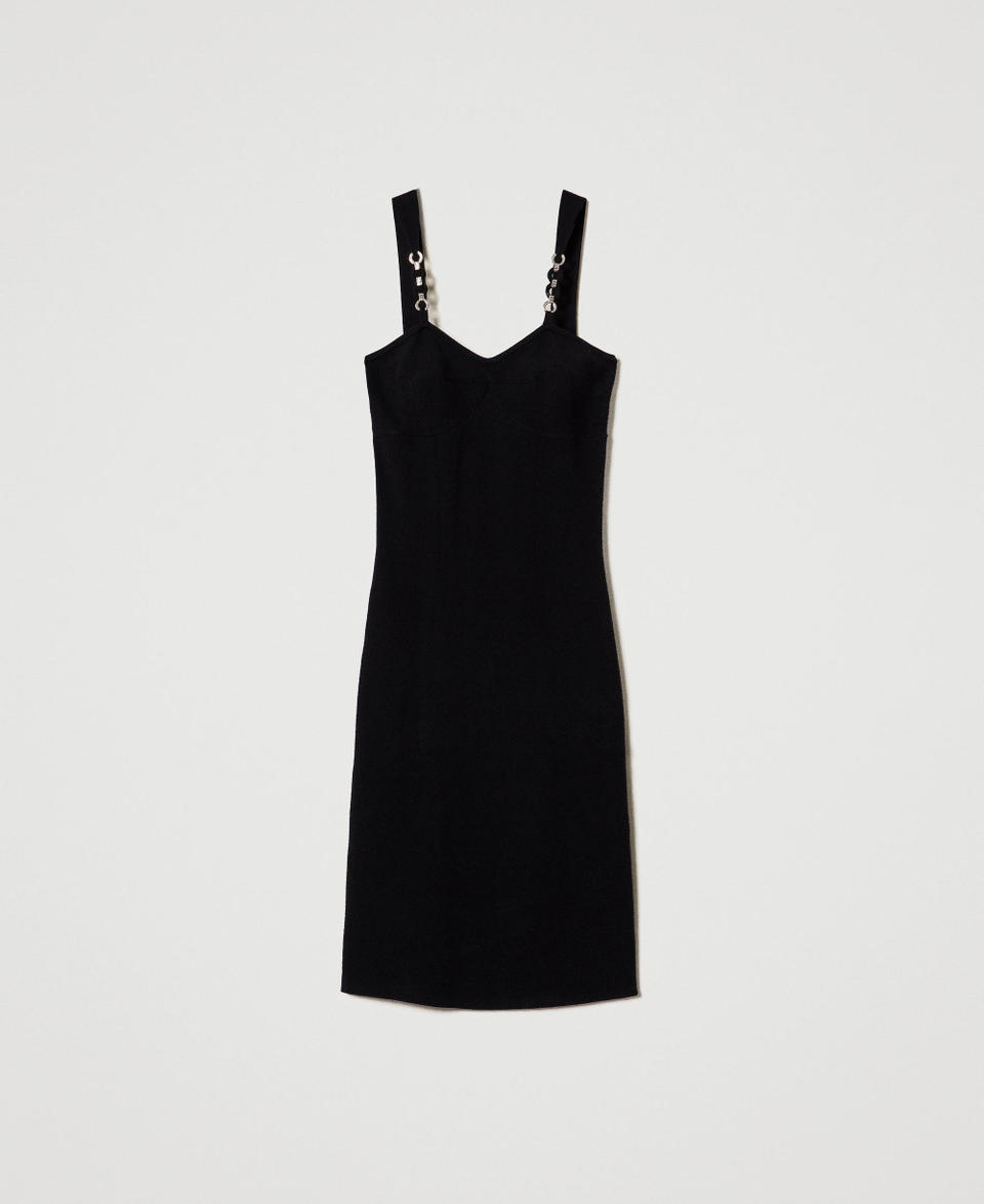 Knit midi dress with jewel shoulder straps Black Woman 242TP3181_00006_S0