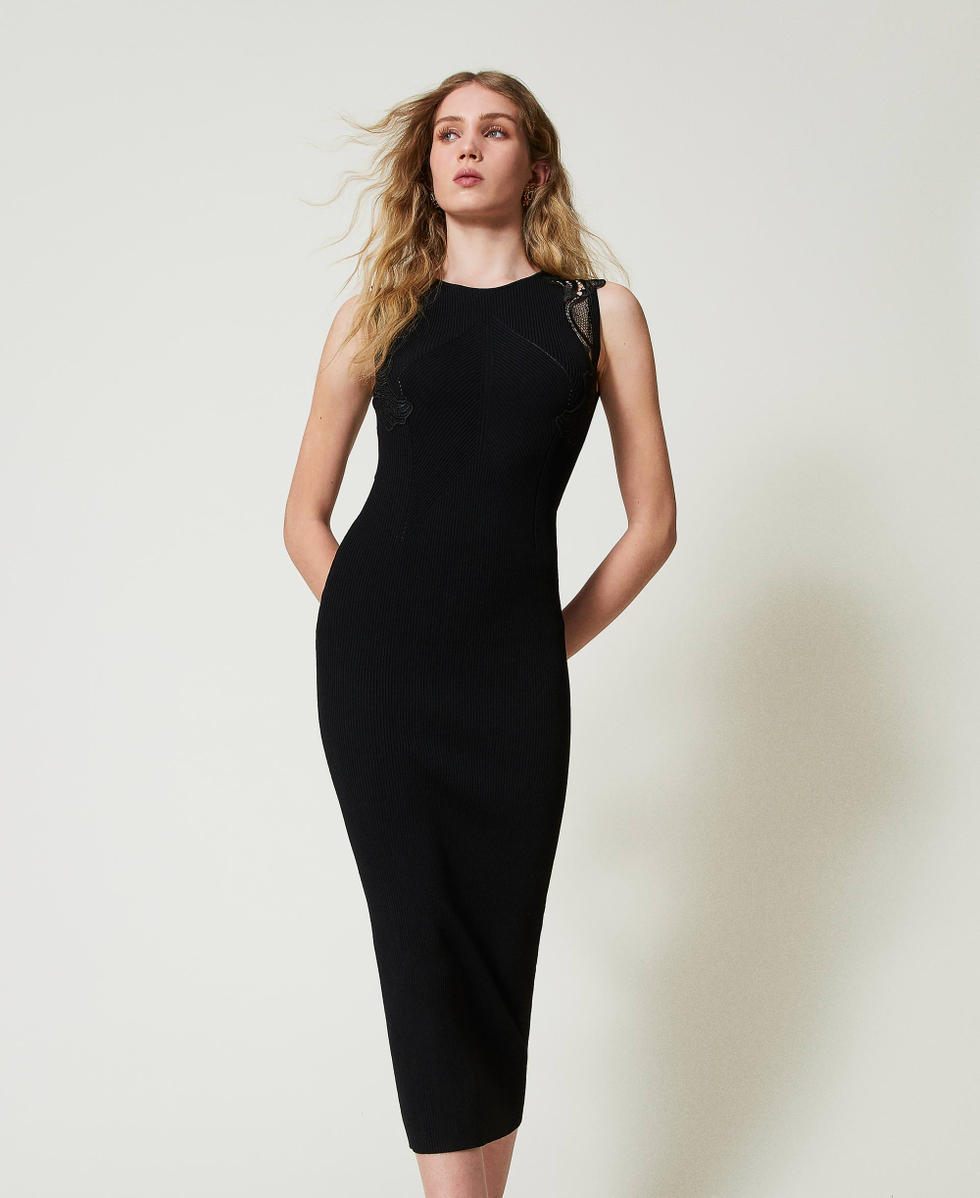 Robe longue en maille avec dentelle Noir Femme 242TP3190_00006_01