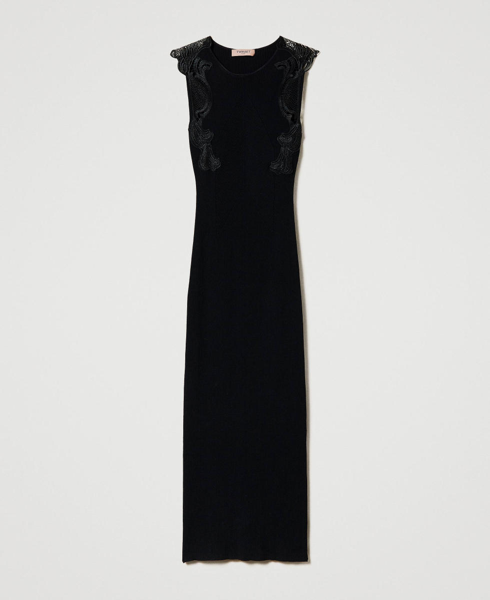 Robe longue en maille avec dentelle Noir Femme 242TP3190_00006_S0