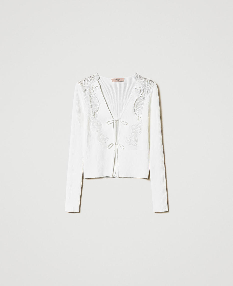 Cardigan avec lacets et dentelle Blanc Neige Femme 242TP3193_00282_S0