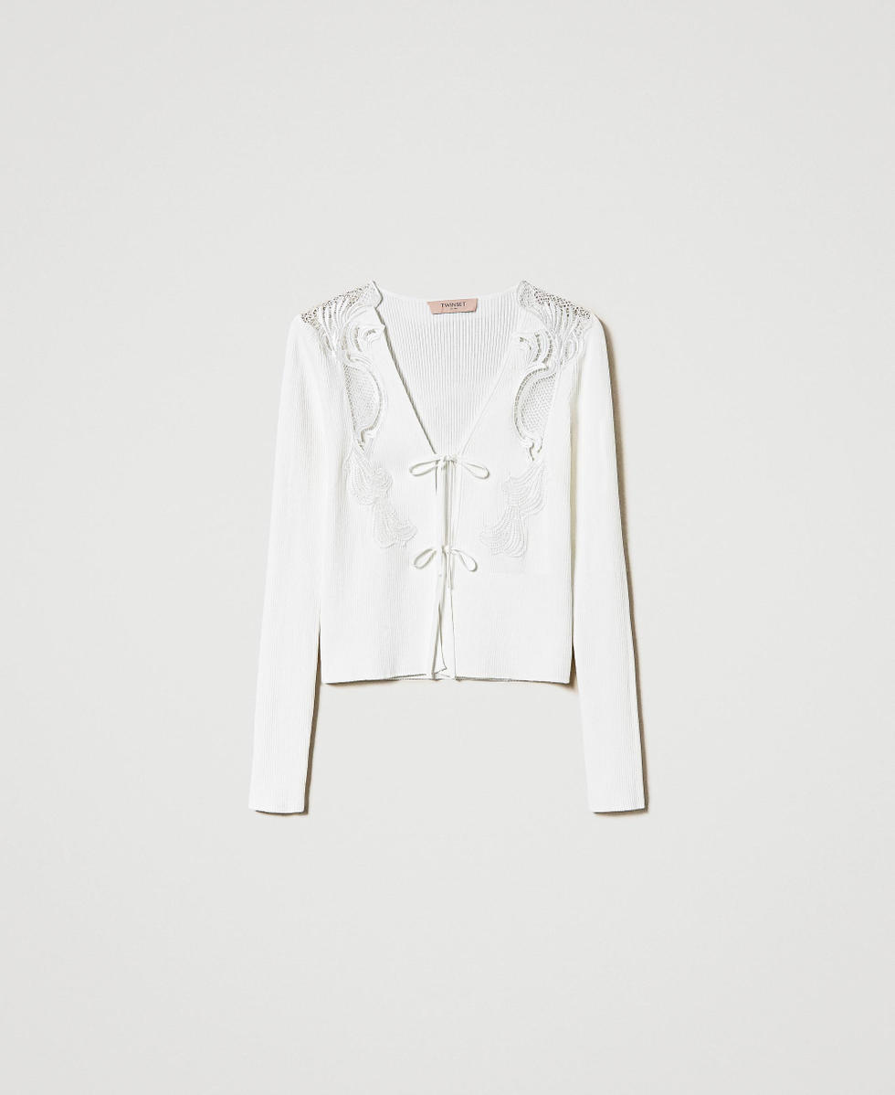 Cardigan avec lacets et dentelle Blanc Neige Femme 242TP3193_00282_S0