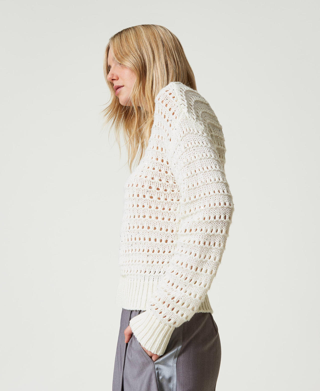 Openwork jumper with sequins White Snow Woman 242TP3240_00282_02