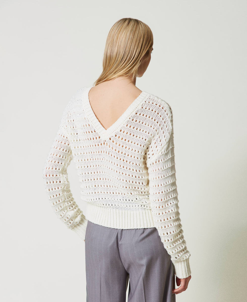 Pullover mit Durchbruchmuster und Pailletten Weiß Schnee Frau 242TP3240_00282_03