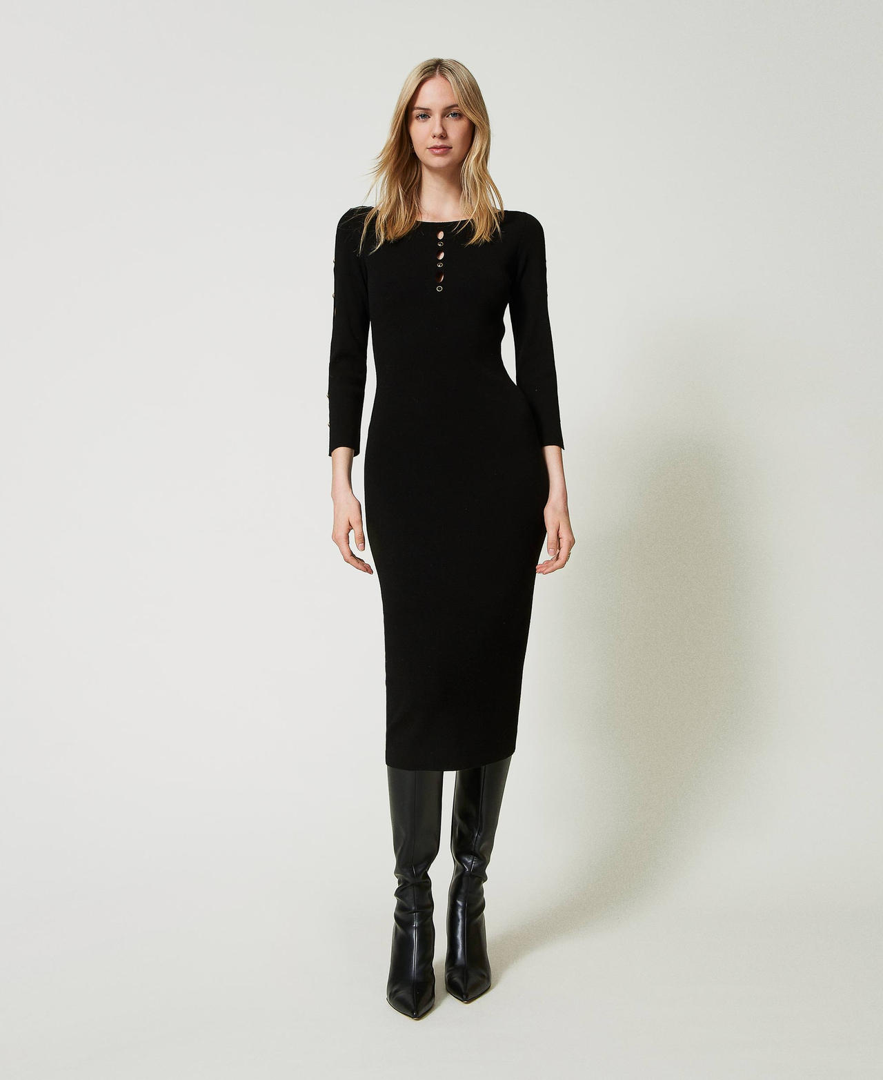 Knit midi dress with cut-outs and studs Black Woman 242TP3313-02