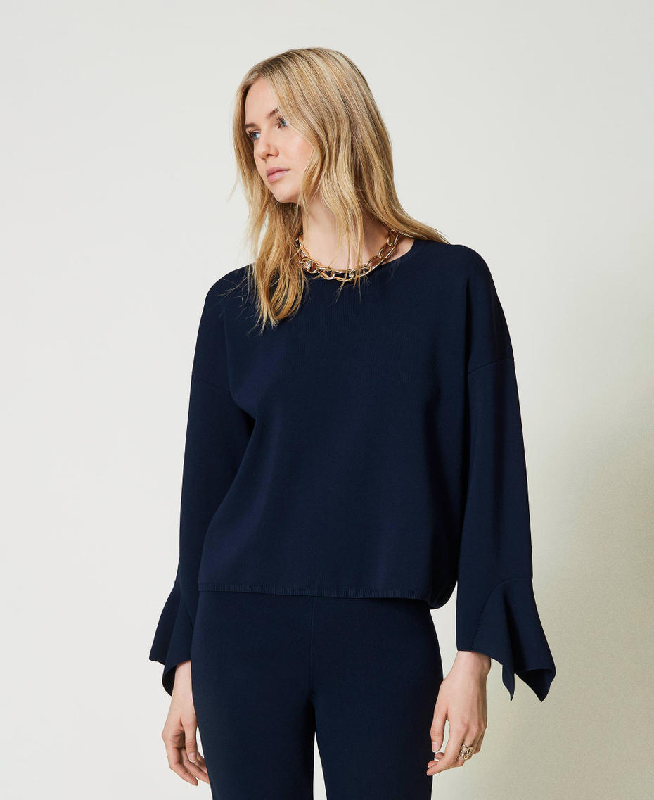 Crew neck jumper with ruffles Indigo Woman 242TP3332_00384_01